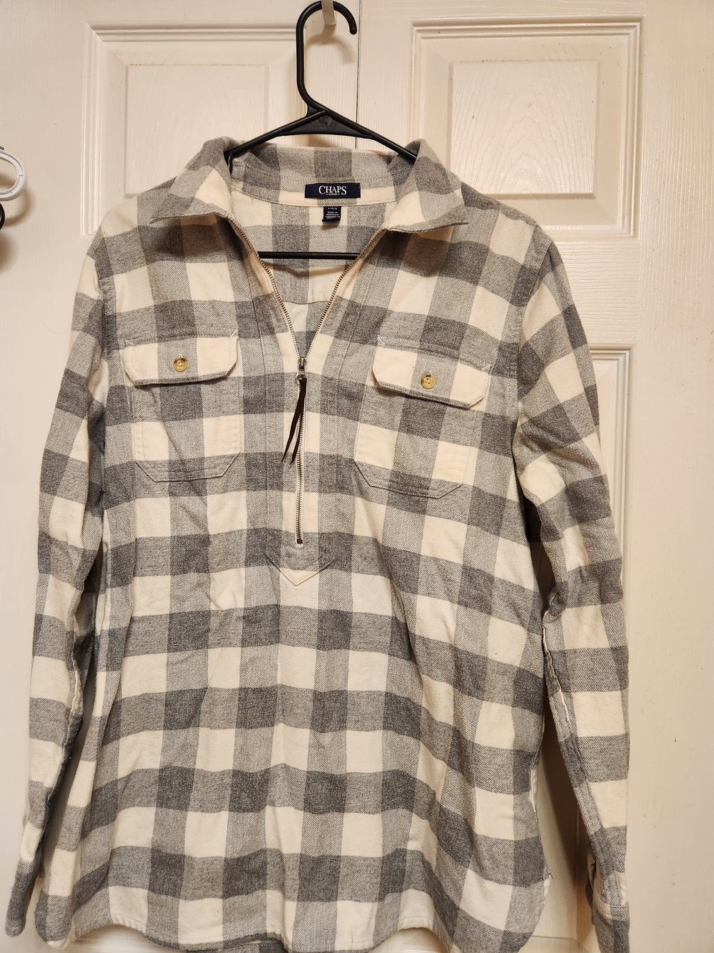 Chaps Gray & Cream Plaid Half-Zip Shirt